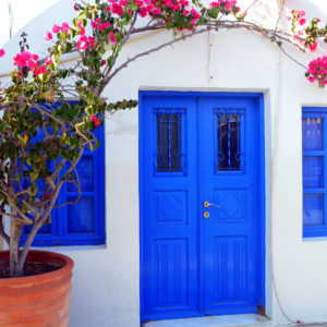 Blue Doors & Windows with Flowers Santorini